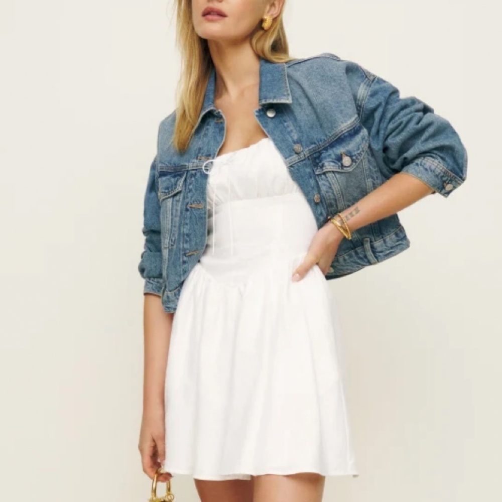 Reformation White Mini Dress with Denim Jacket Look